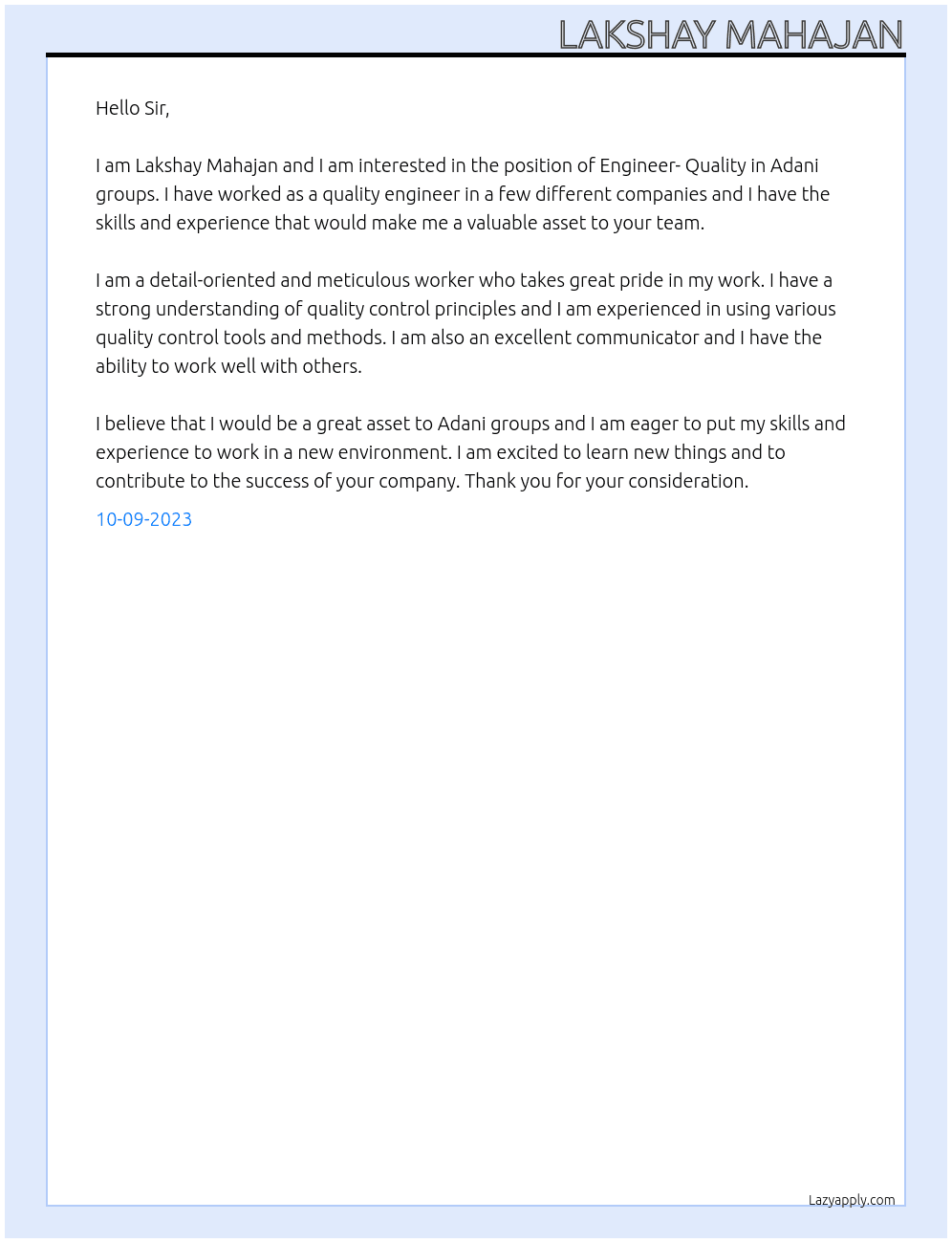 Engineer- Quality  At Adani groups Cover Letter