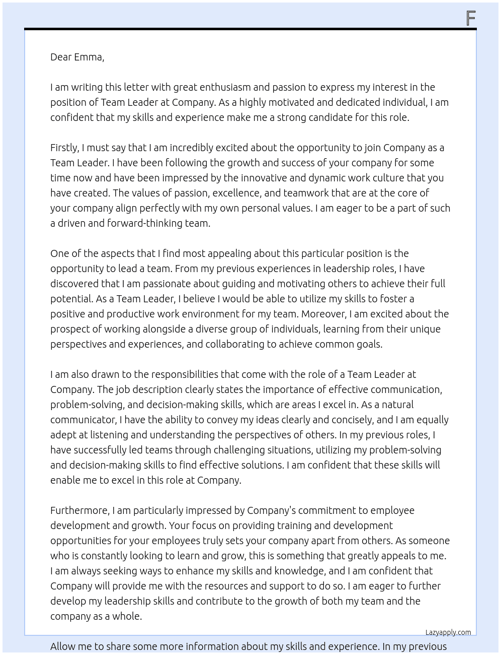 Team Leader At Company Cover Letter