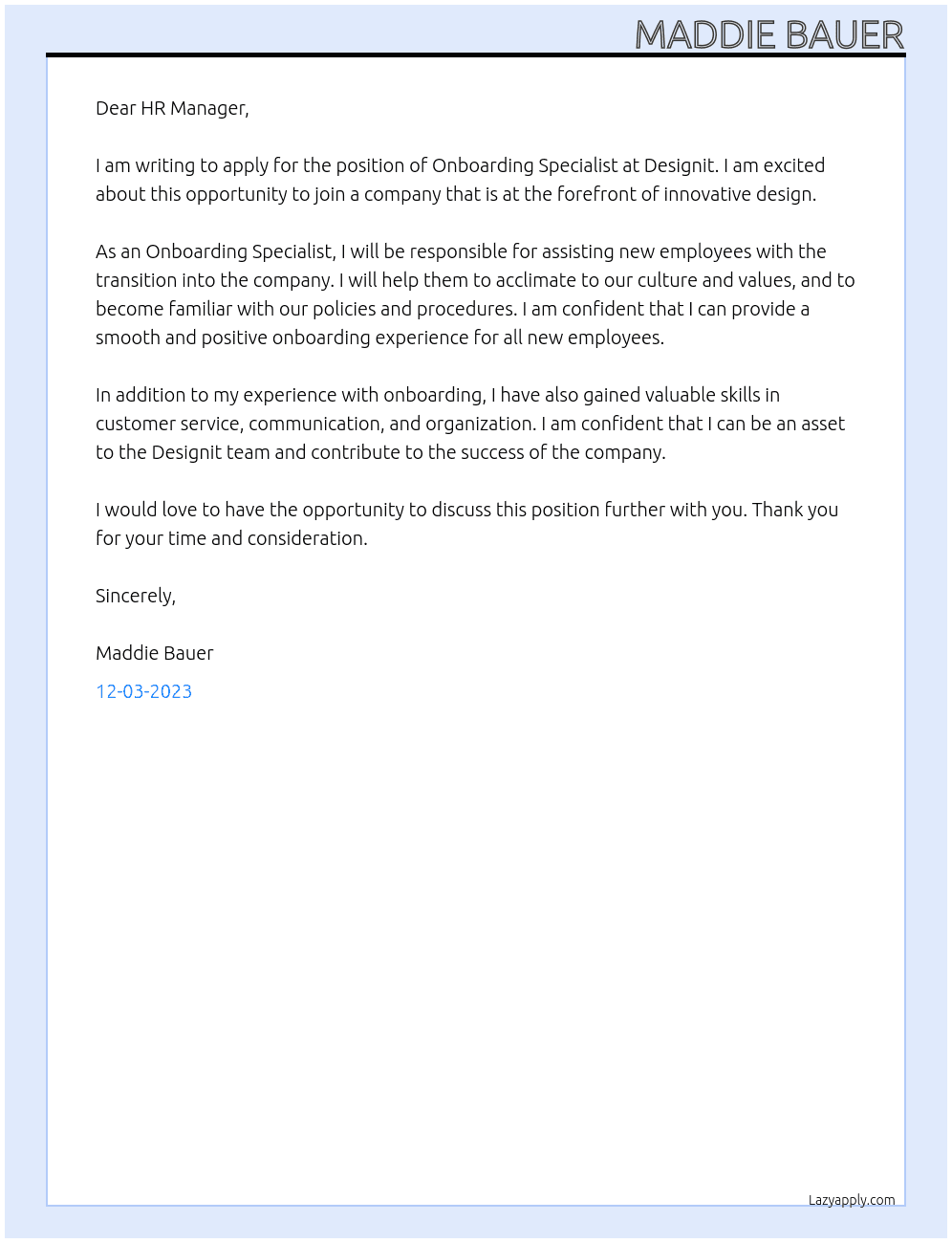 onboarding specialist At designit Cover Letter