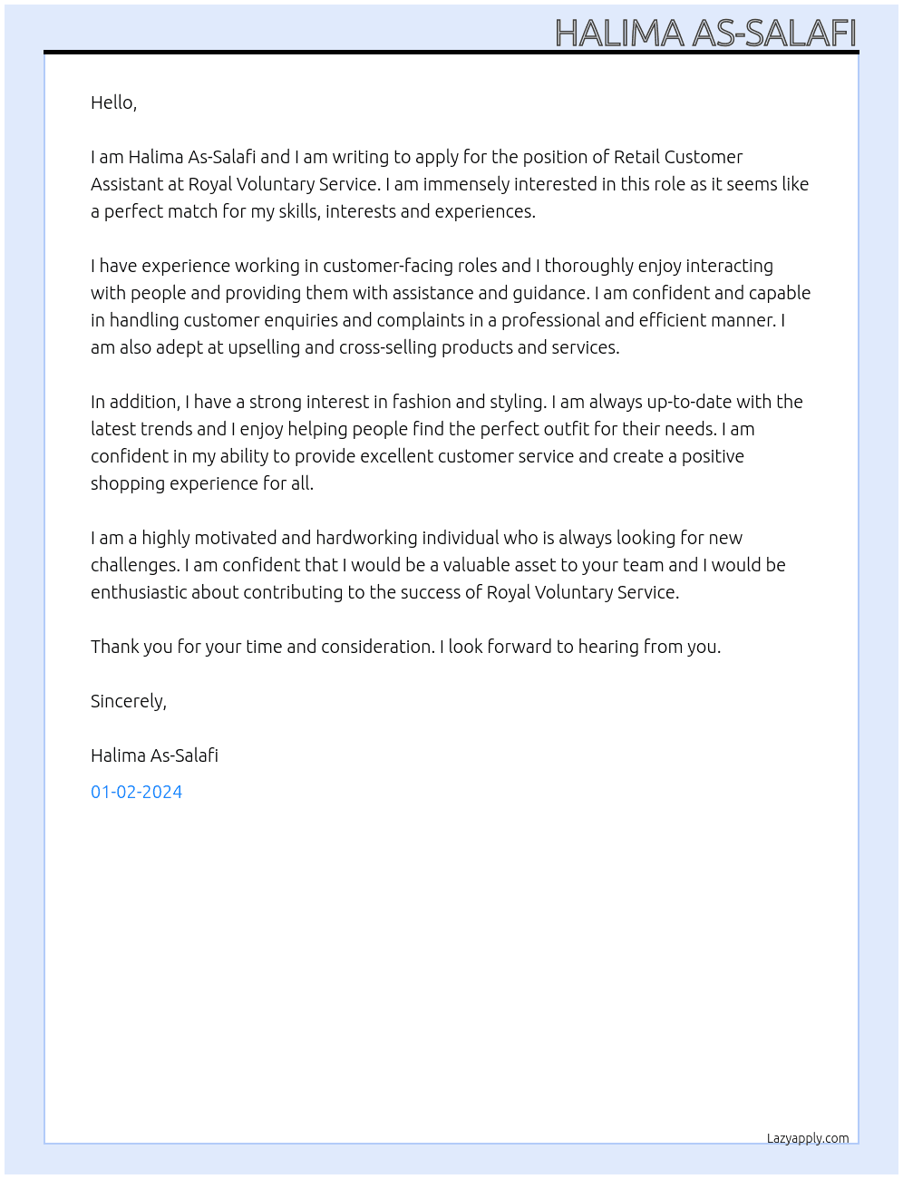 Retail Customer Assistant At Royal Voluntary Service Cover Letter