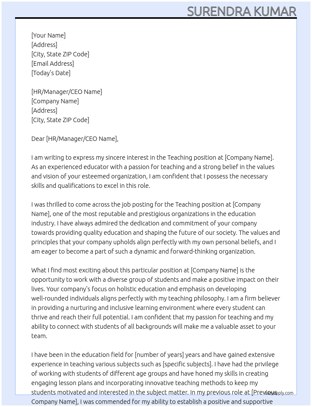 TEACHING  At BIRLA,AMBANI,TATA Cover Letter