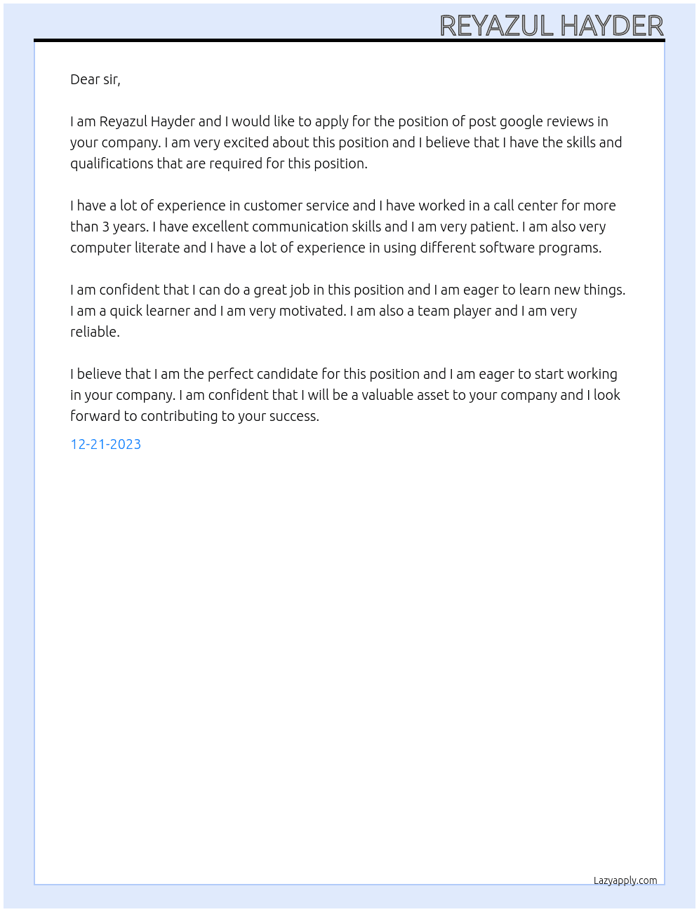  post google reviews At sir Cover Letter
