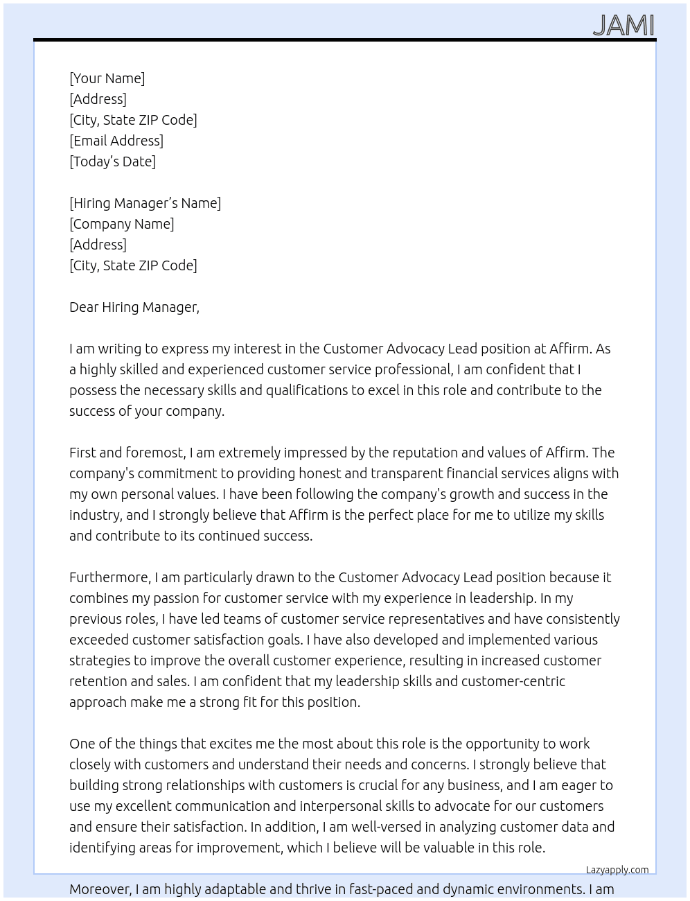 Customer Advocacy Lead At Affirm Cover Letter