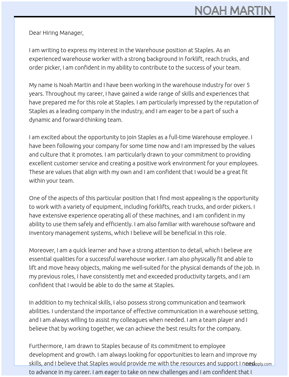 Warehouse  At Staples  Cover Letter
