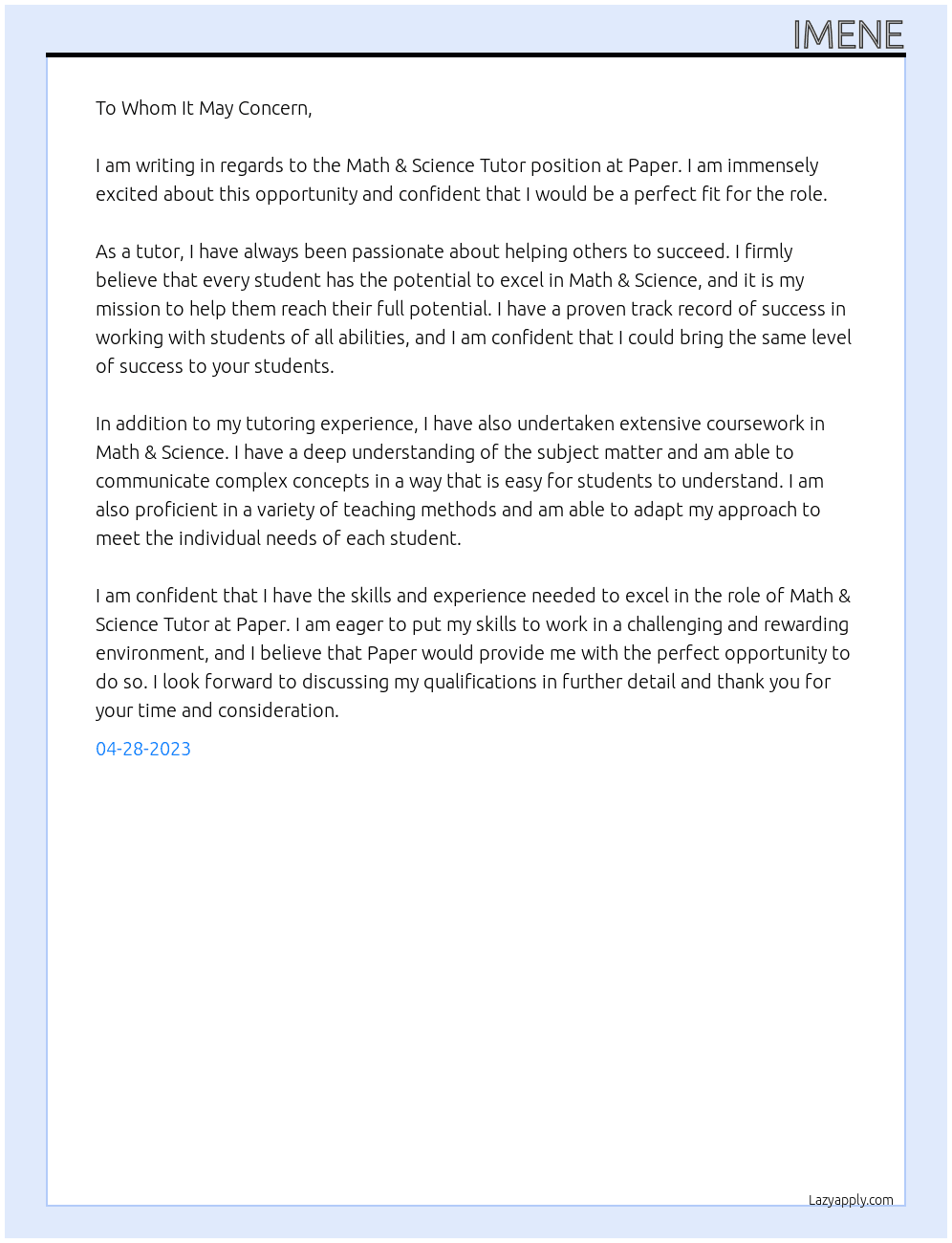 Math & Science Tutor At paper Cover Letter