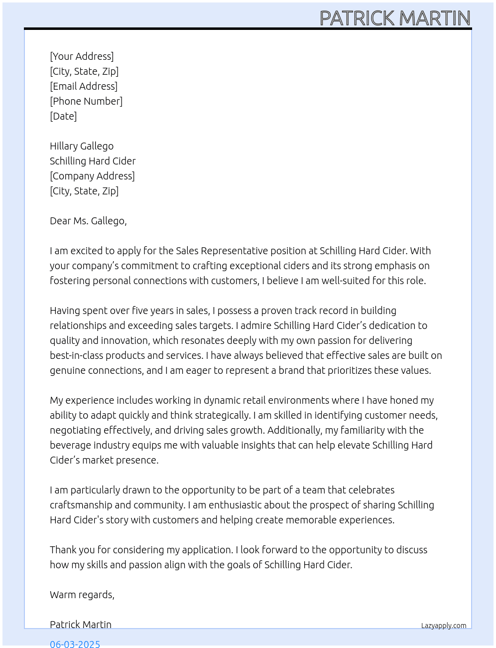 Sales Representative At Schilling Hard Cider Cover Letter