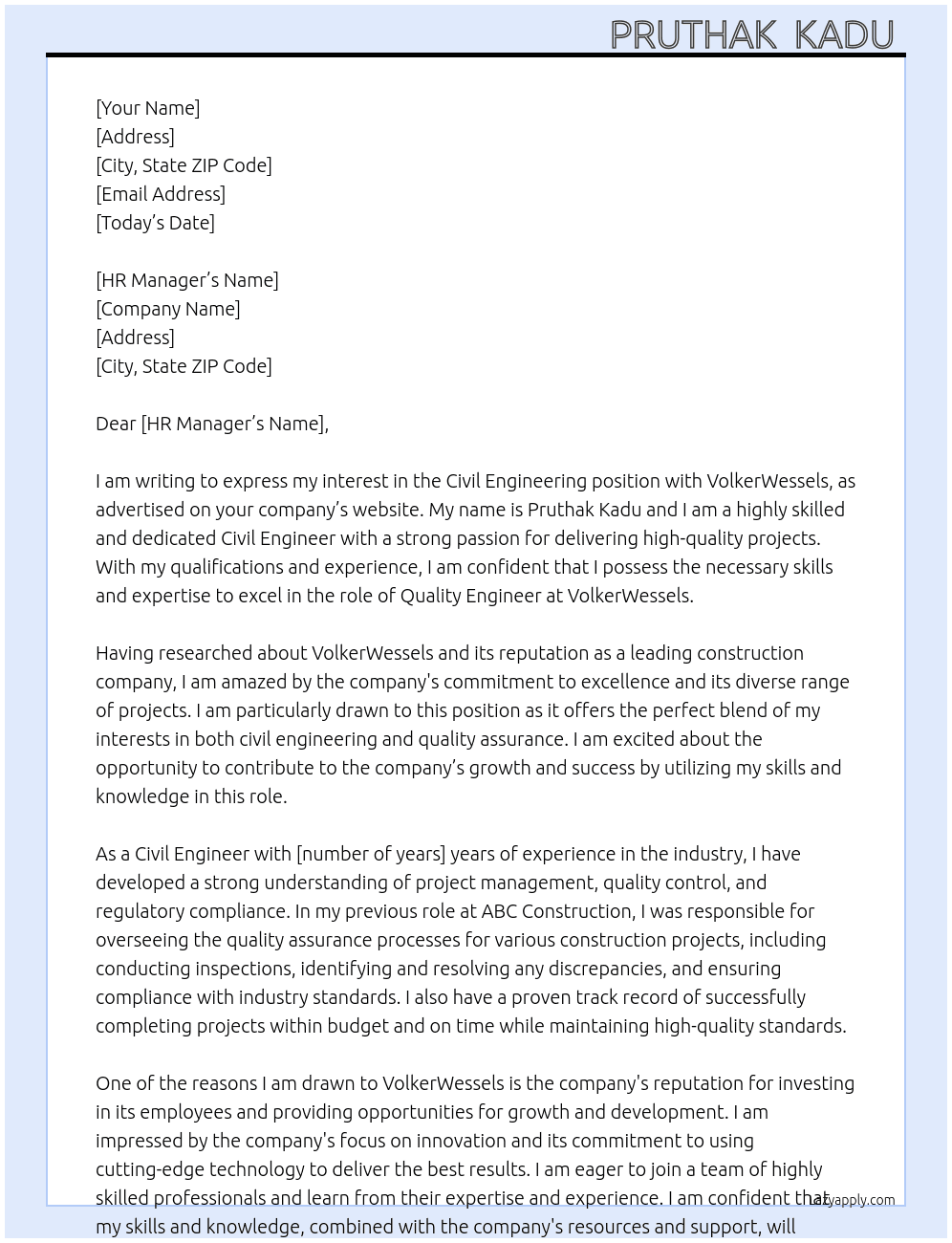 Civil engineering  At VolkerWessels Cover Letter