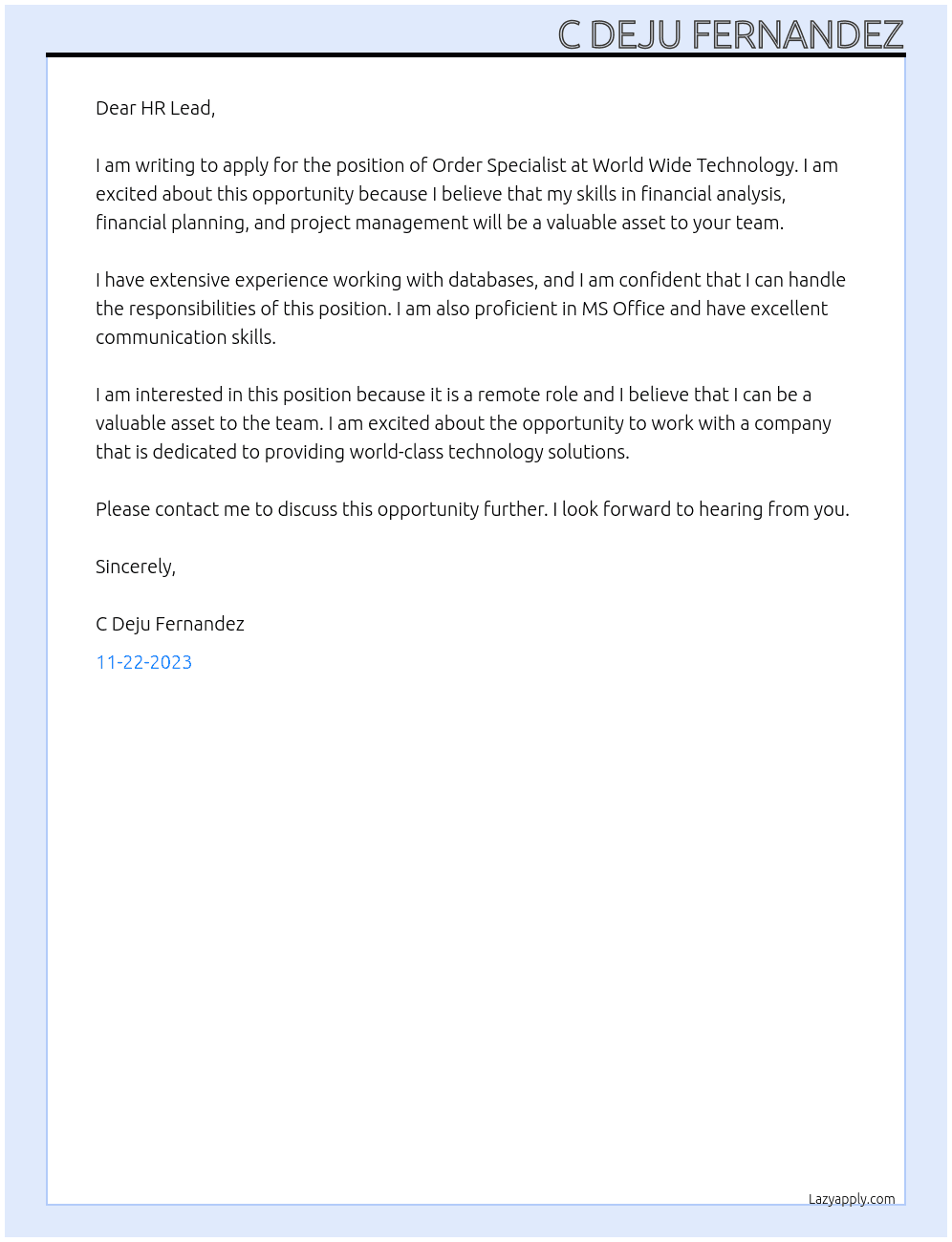 Order Specialist At  World Wide Technology Cover Letter