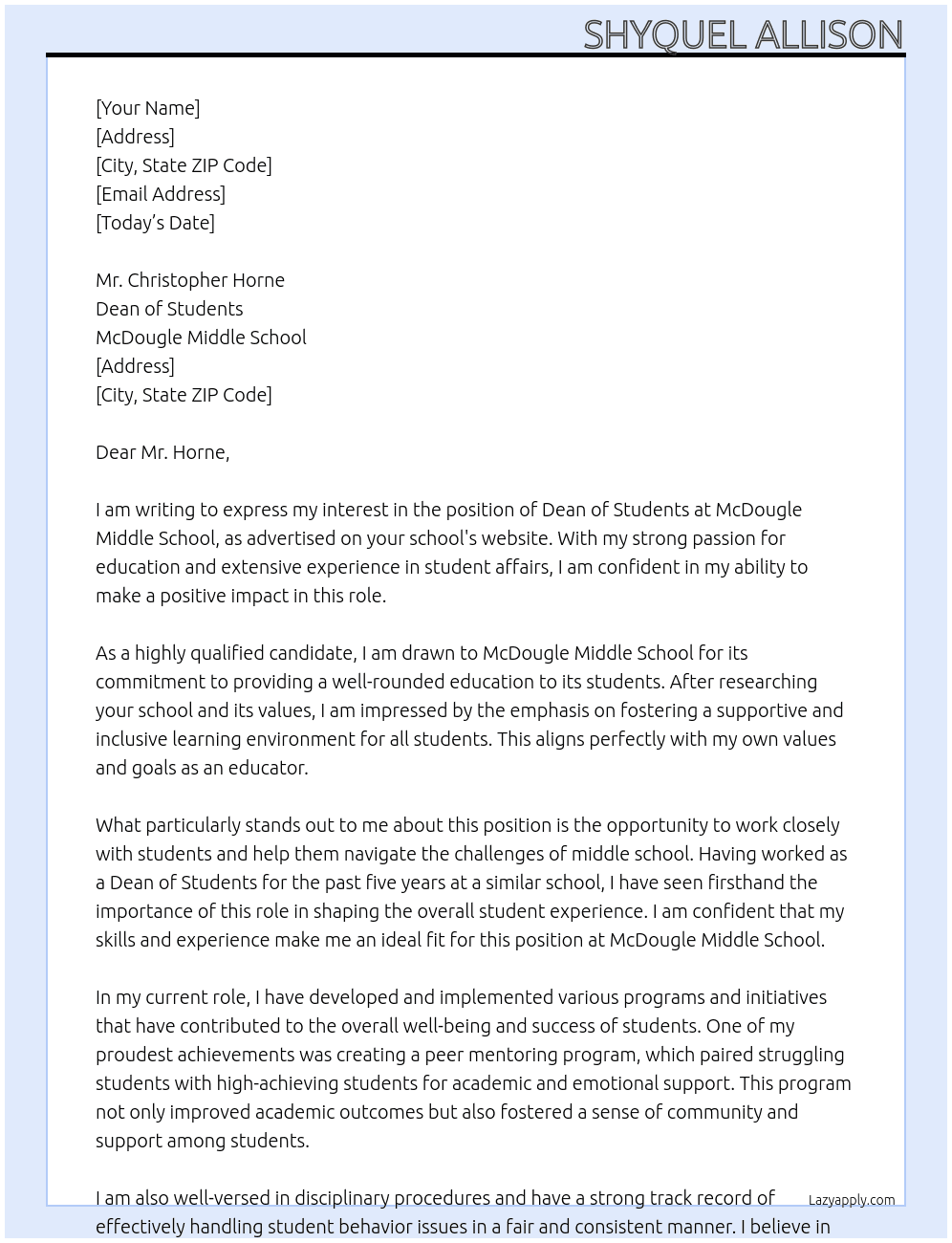 Dean of Students At McDougle Middle School Cover Letter