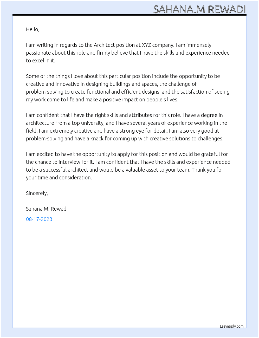 Architect At xyz Cover Letter