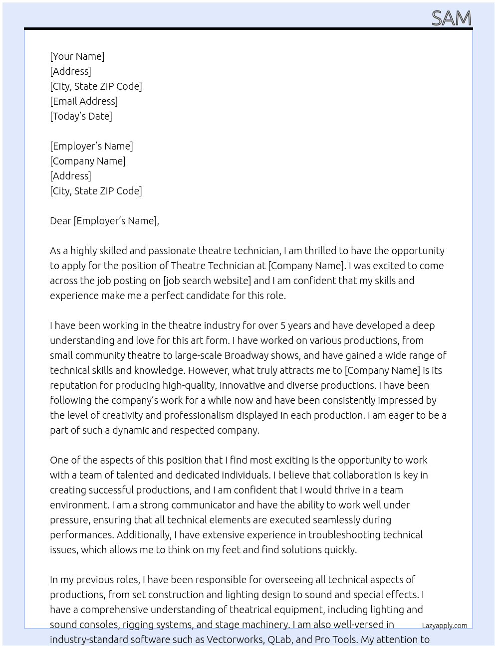 theatre technician At theatre Cover Letter