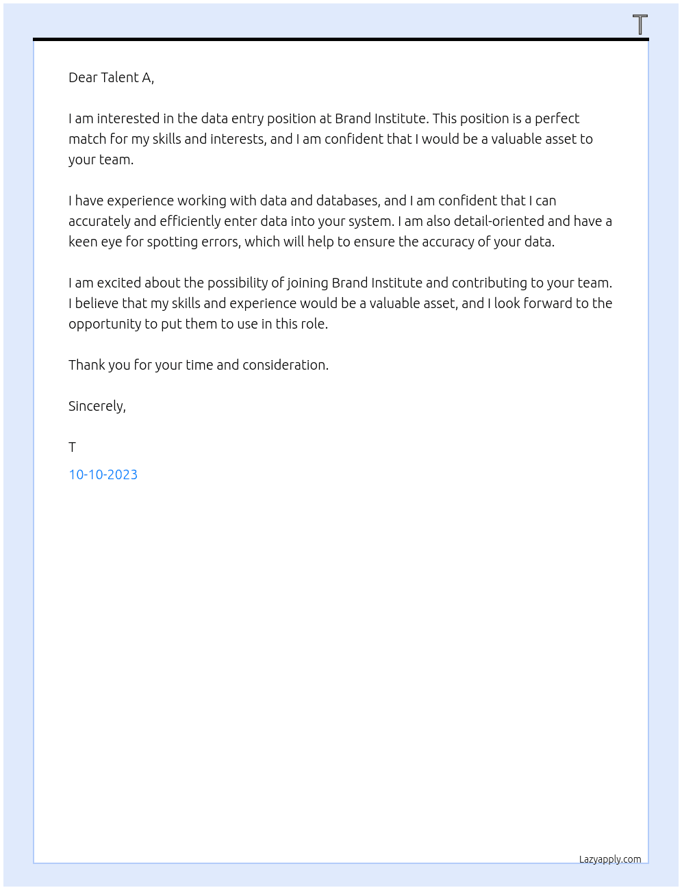 data entry At Brand Institute Cover Letter