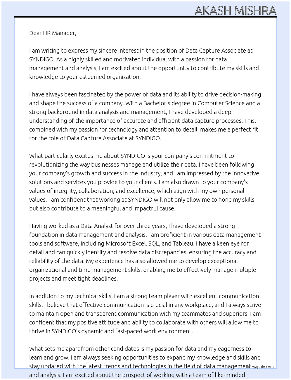 Data Capture Associate At SYNDIGO Cover Letter