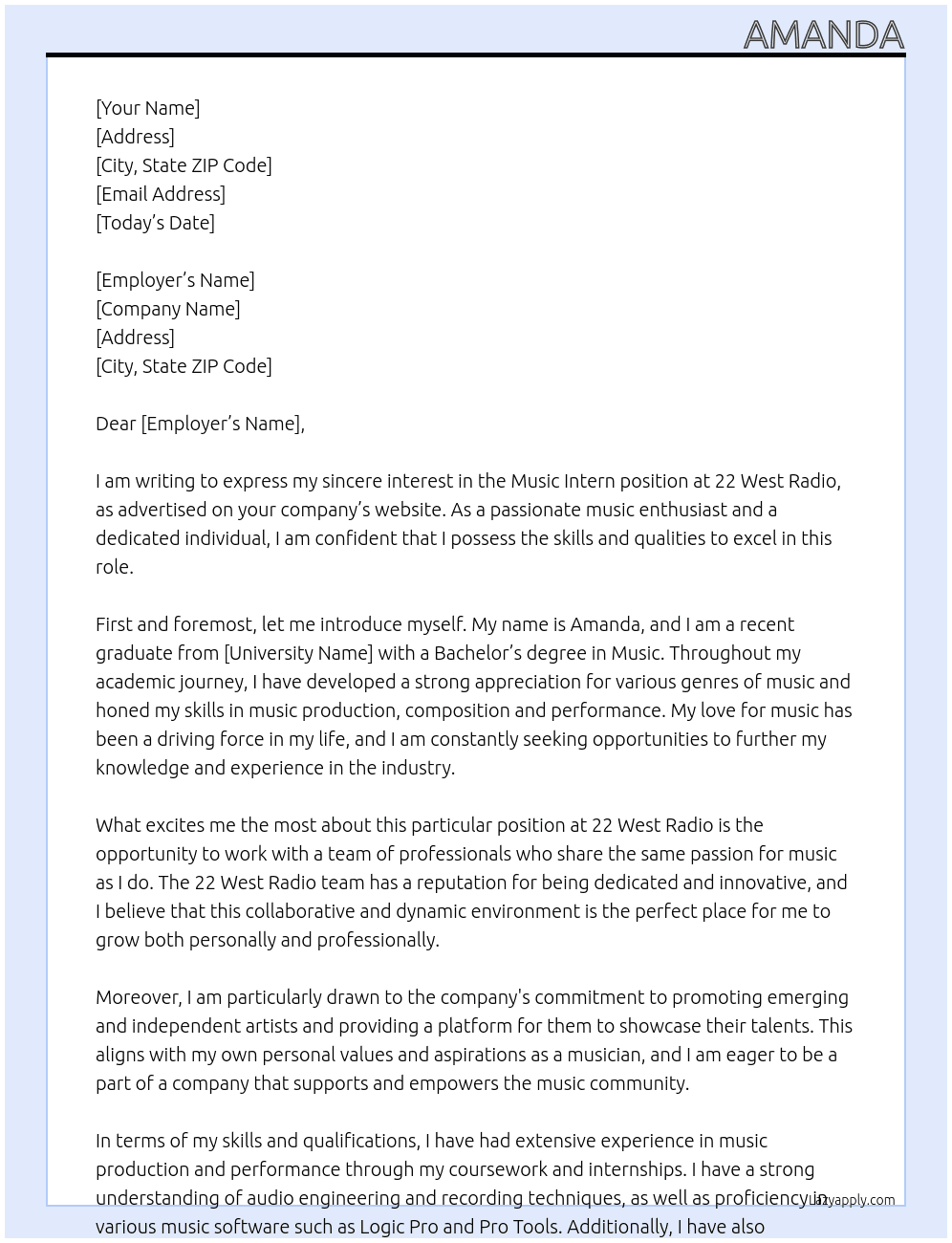 Music Intern At 22 West Radio Cover Letter