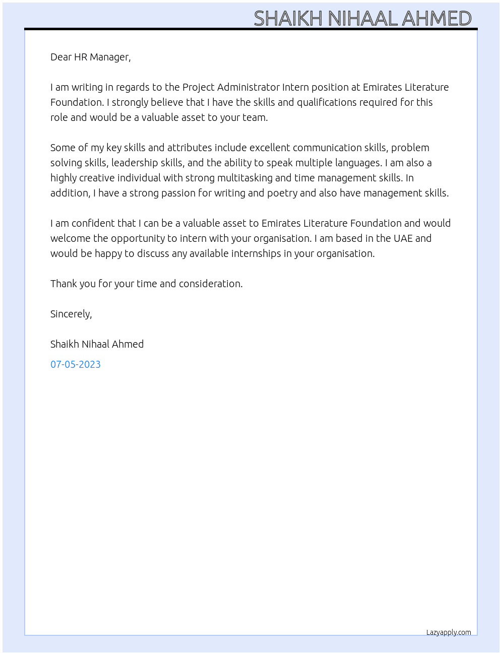 Project Administrator Intern  At Emirates Literature Foundation  Cover Letter