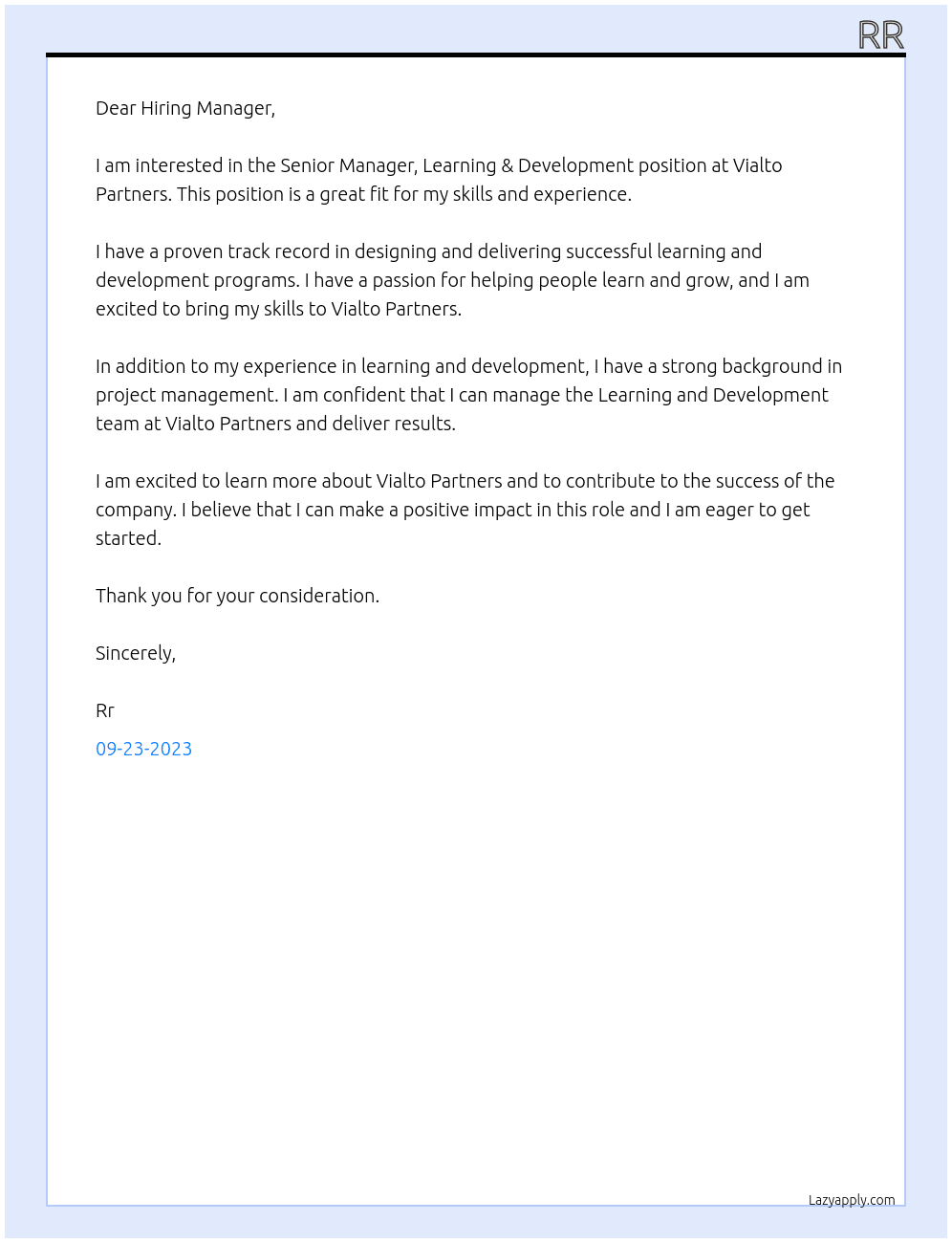 Senior Manager, Learning & Development At Vialto Partners Cover Letter