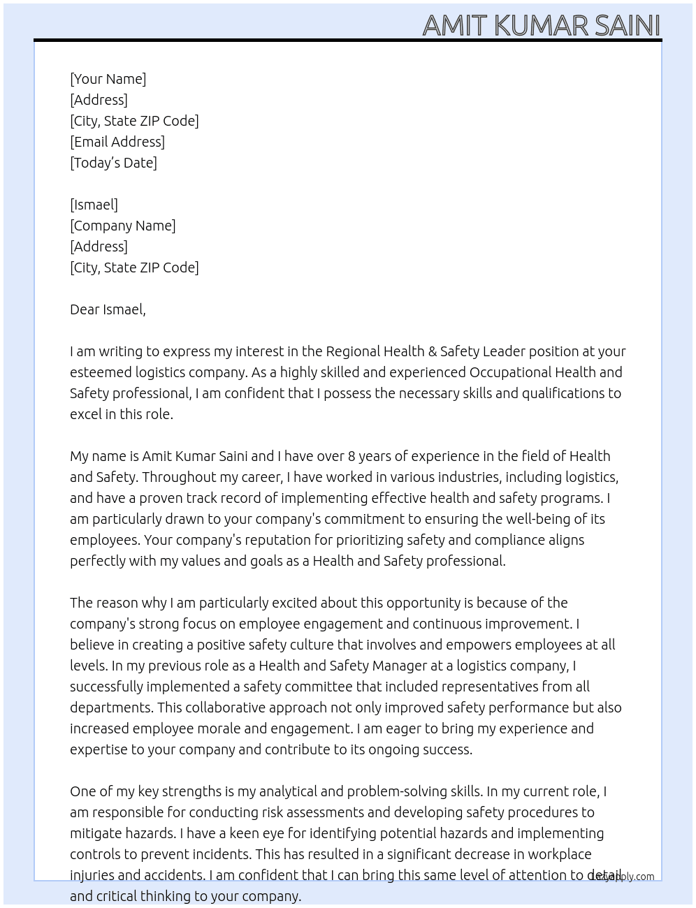 Regional Health & Safety Leader  At logistics sector Cover Letter