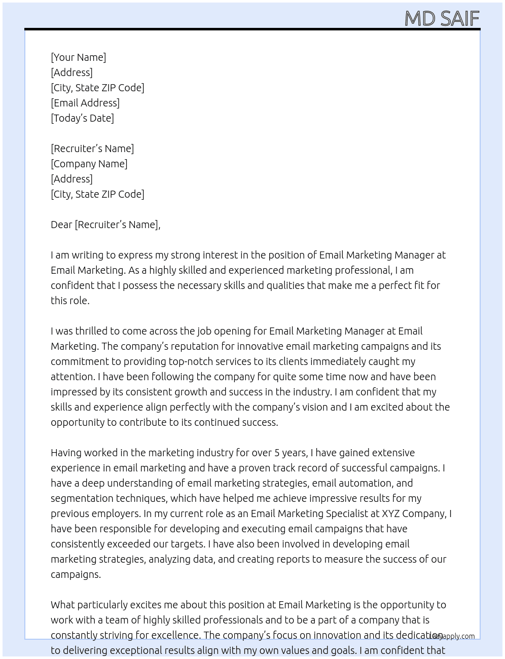 EMAIL MARKETING MANAGER  At EMAIL MARKETING  Cover Letter