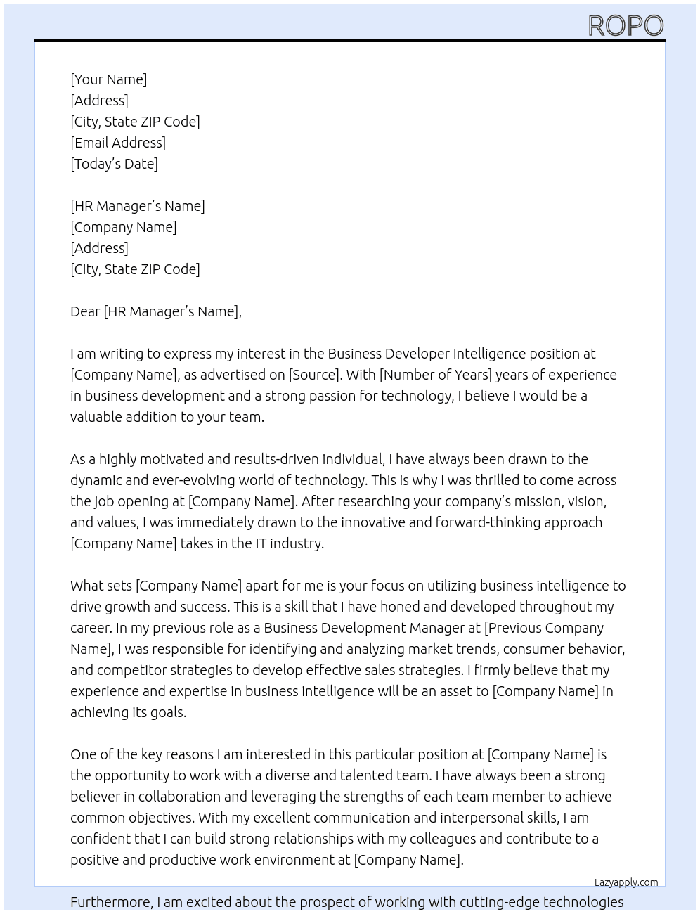 Business developer Inteligence At IT Cover Letter