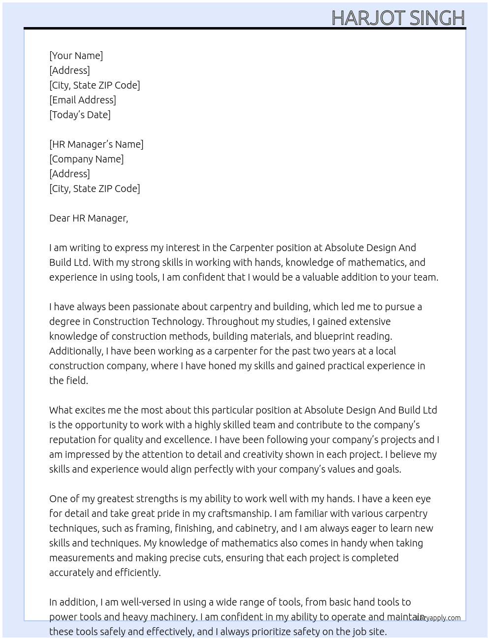 Carpenter At Absolute Design And Build Ltd Cover Letter
