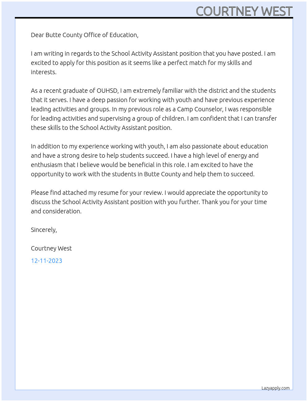 School Activity ASsistant At OUHSD Cover Letter