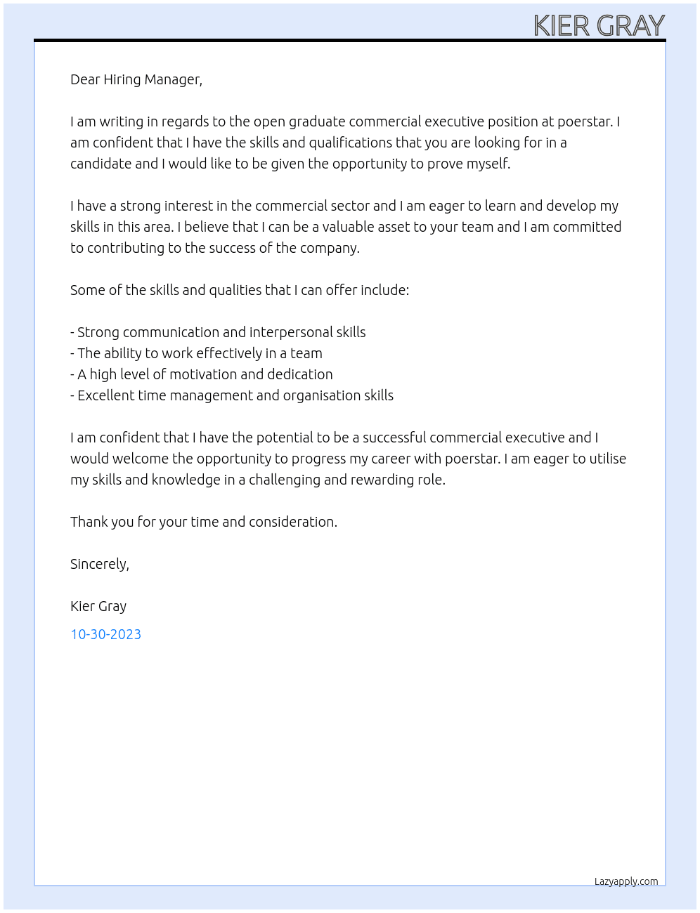 graduate commercial executive At poerstar Cover Letter