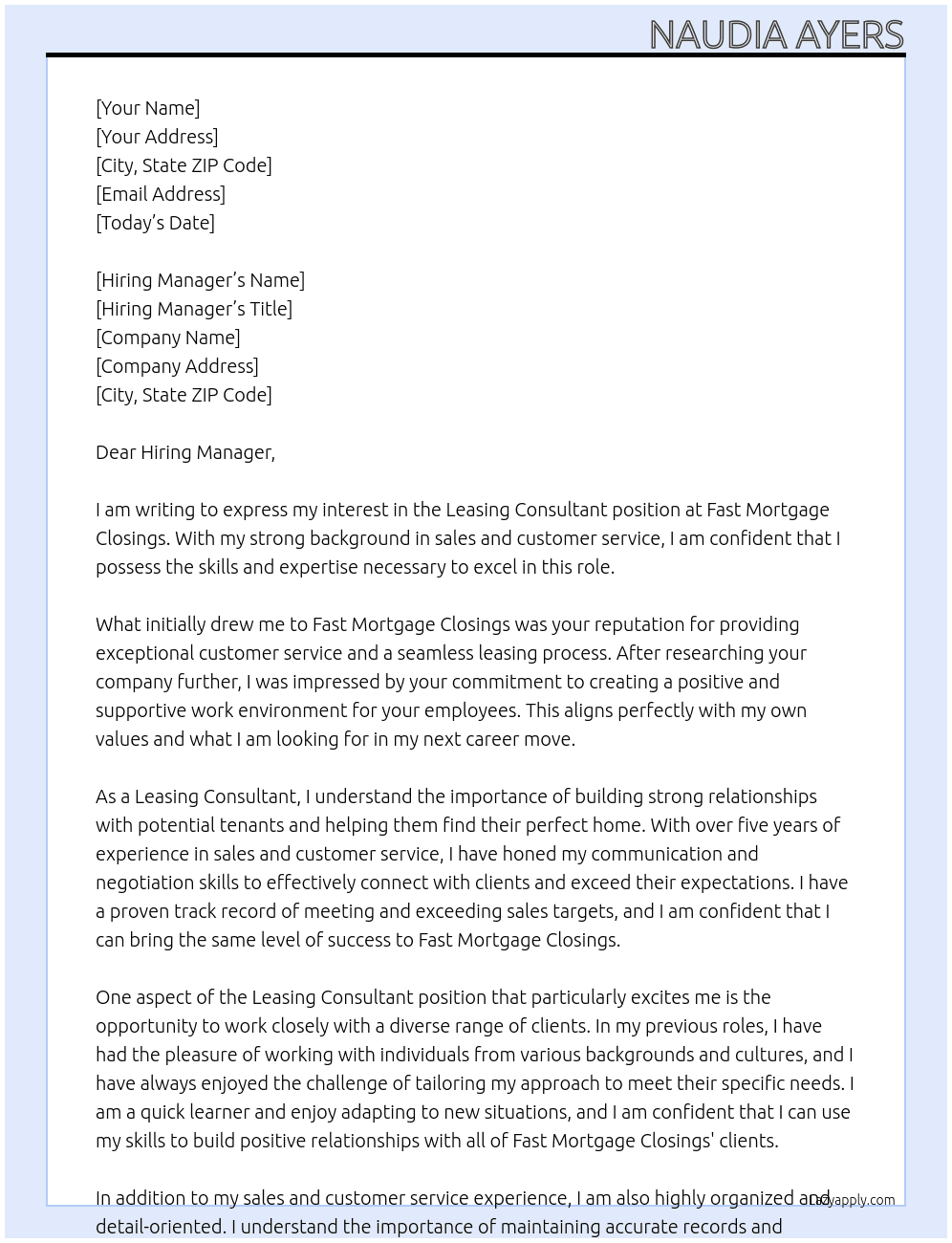 Leasing Consultant At Fast Mortgage Closings Cover Letter
