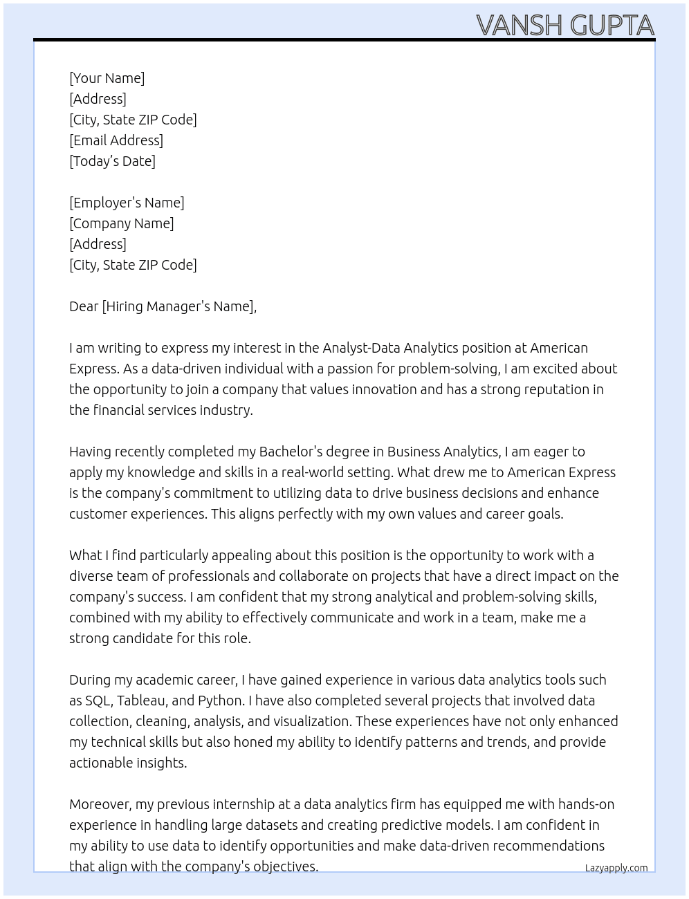 Cover letter for analyst-data analytics - LazyApply