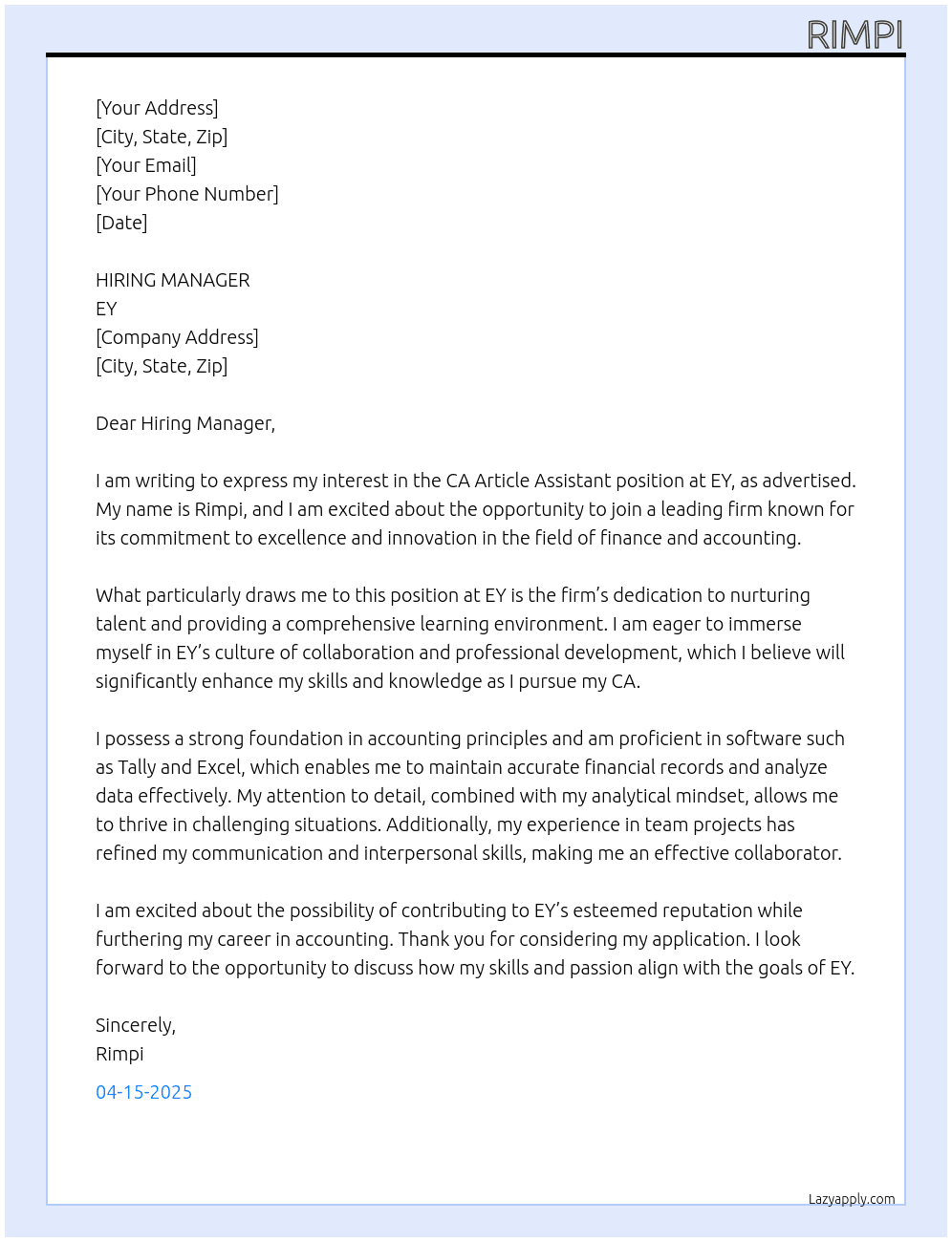 Cover letter for ca article assistant - LazyApply