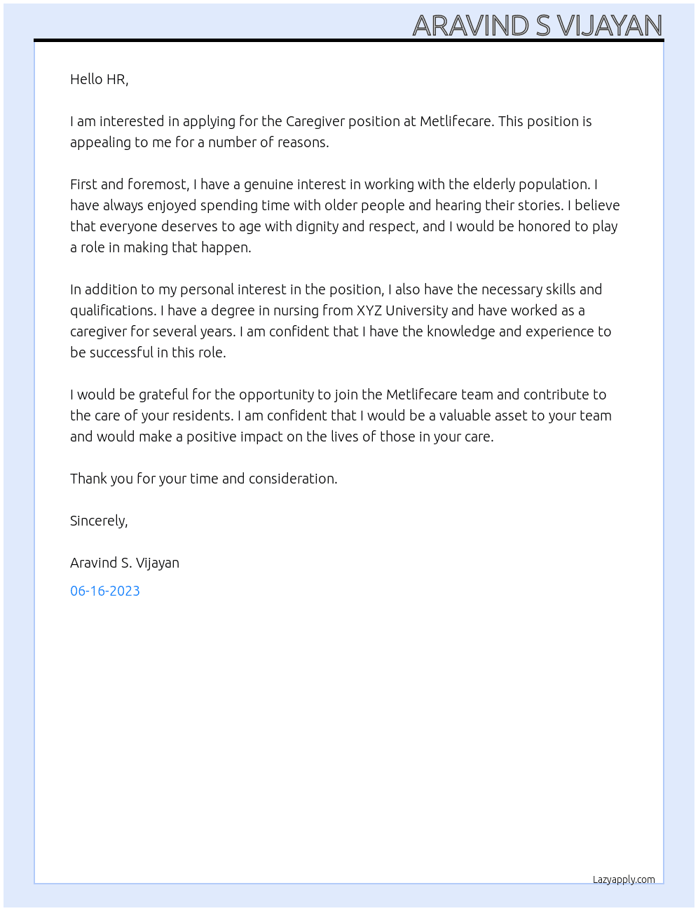 Caregiver  At Metlifecare Cover Letter