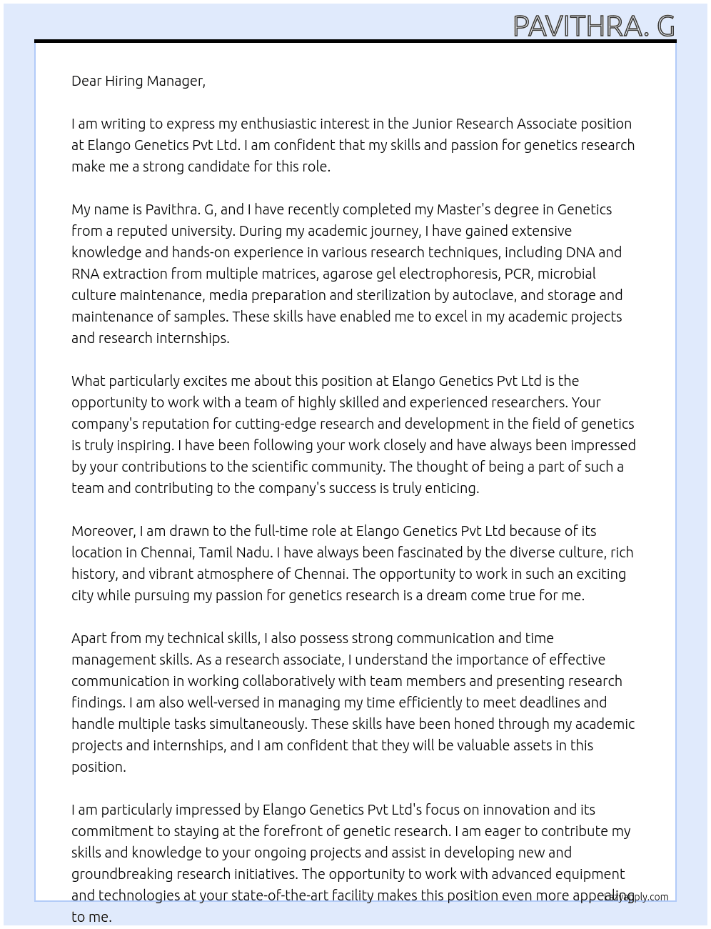 Junior Research Associate  At Elango Genetics Pvt Ltd Cover Letter