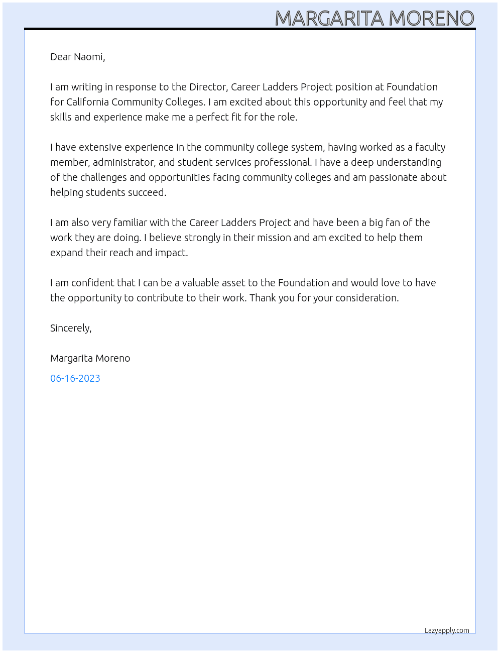 Director, Career Ladders Project At Foundation for California Community Colleges Cover Letter