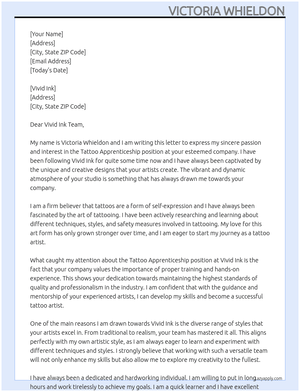 Tattoo apprenticeship  At Vivid Ink Cover Letter