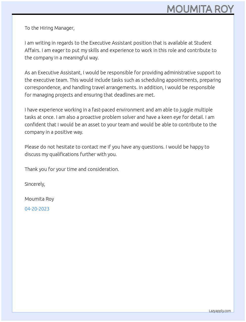 Executive Assistant At Student Affairs Cover Letter