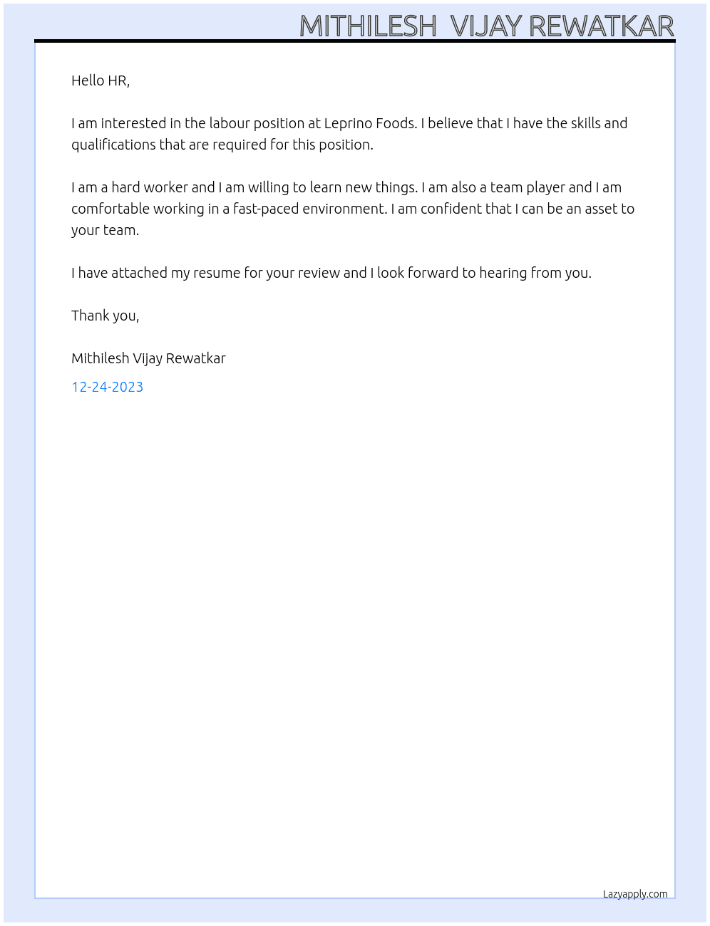 Labour At Leprino Foods Cover Letter
