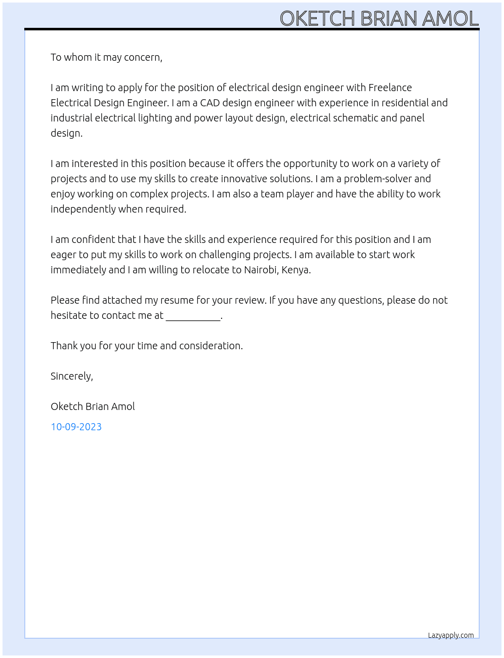 Electrical Design engineer At Freelance Electrical degign engineer Cover Letter