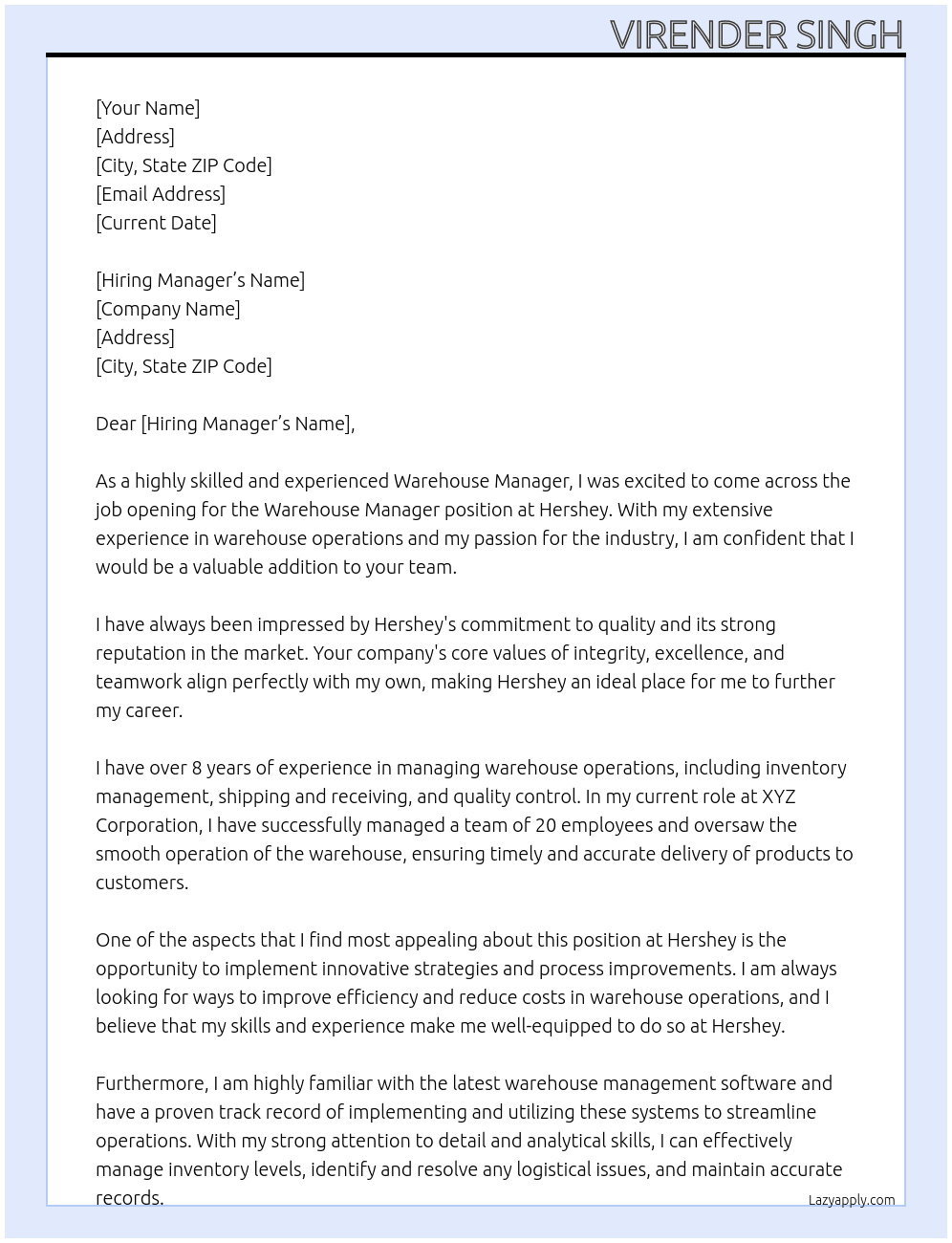 Warehouse Manager At Hershey Cover Letter