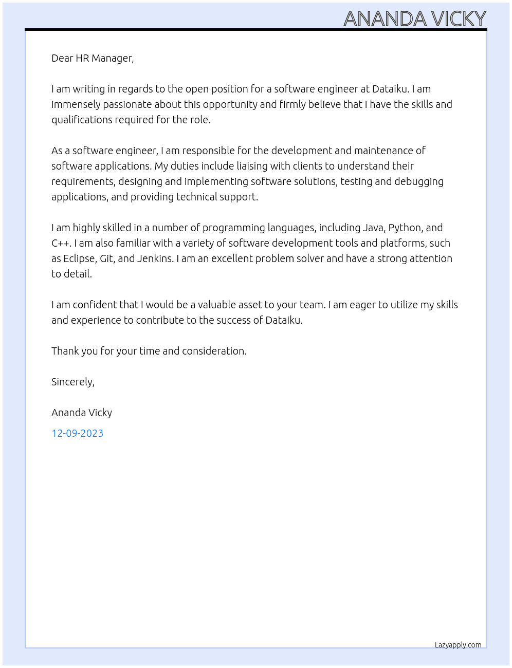 Software Engineer At Dataiku Cover Letter