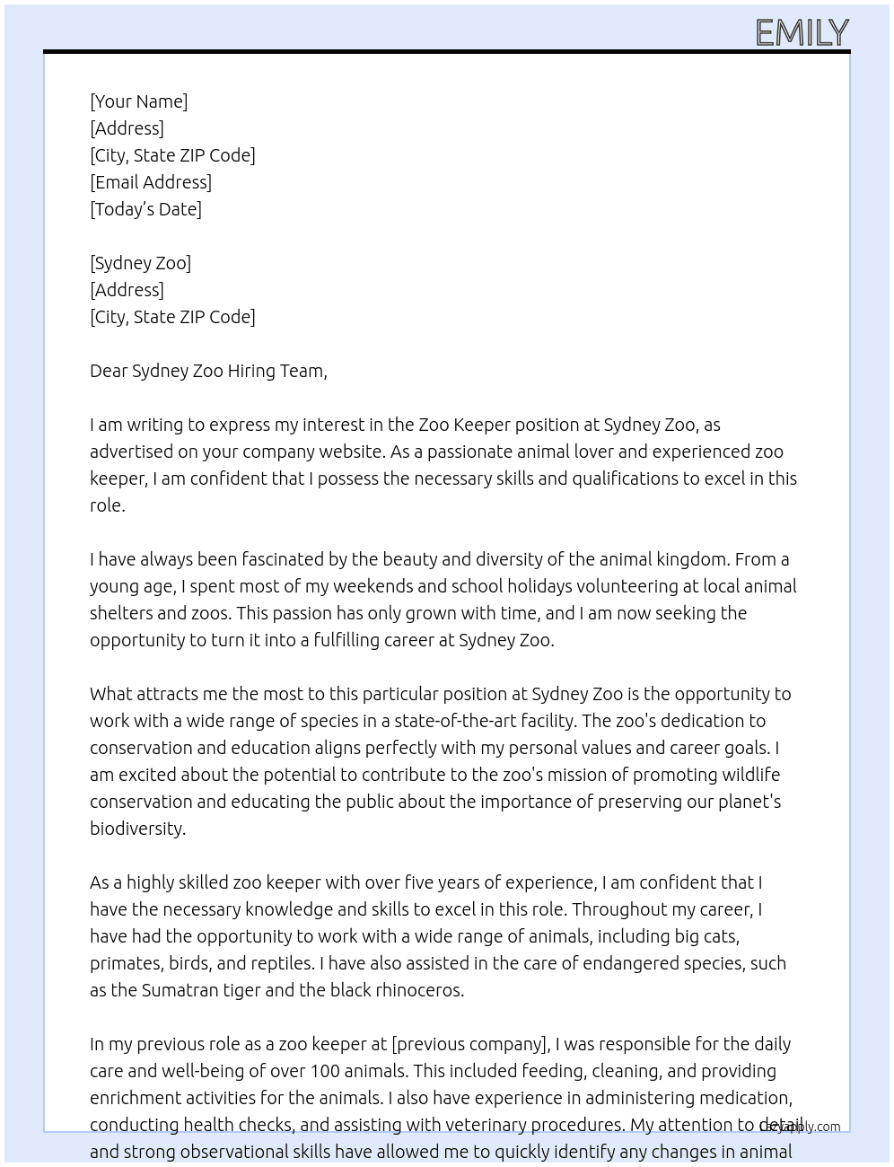 Zoo Keeper At Sydney Zoo Cover Letter