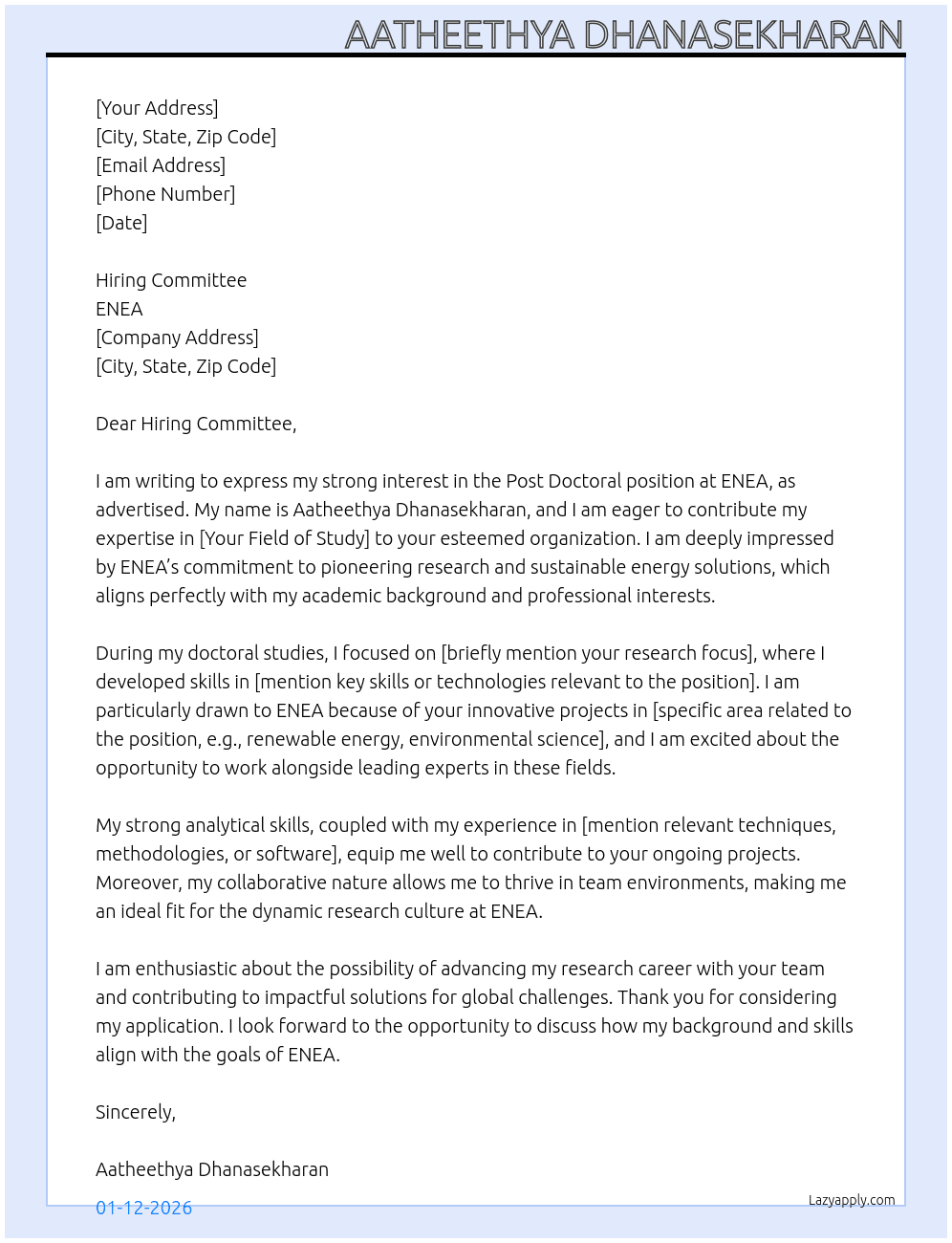 Cover letter for post doctoral - LazyApply