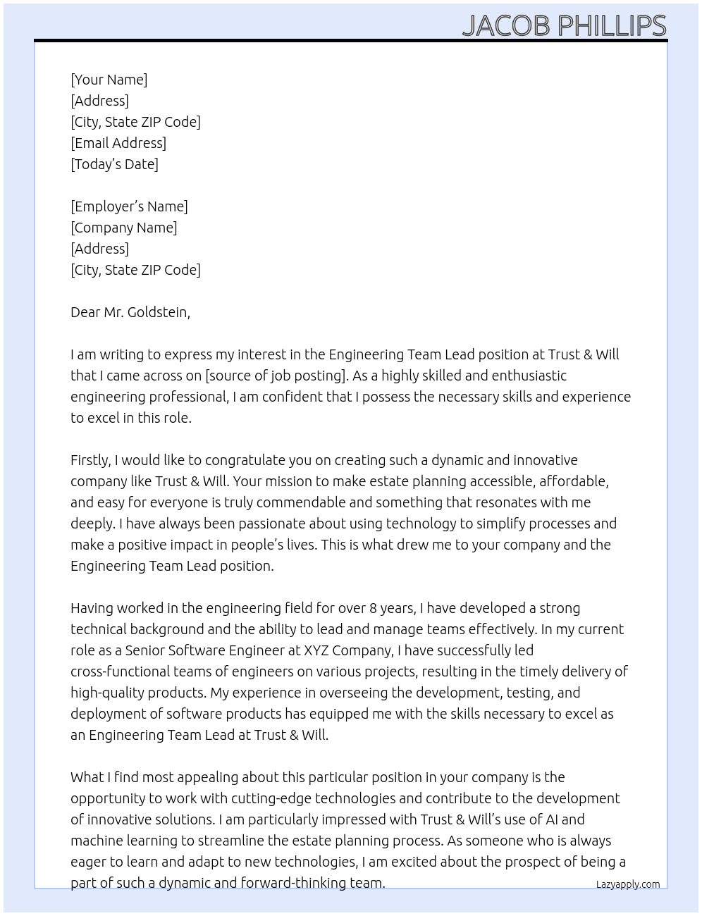 Engineering Team Lead At Trust & Will Cover Letter