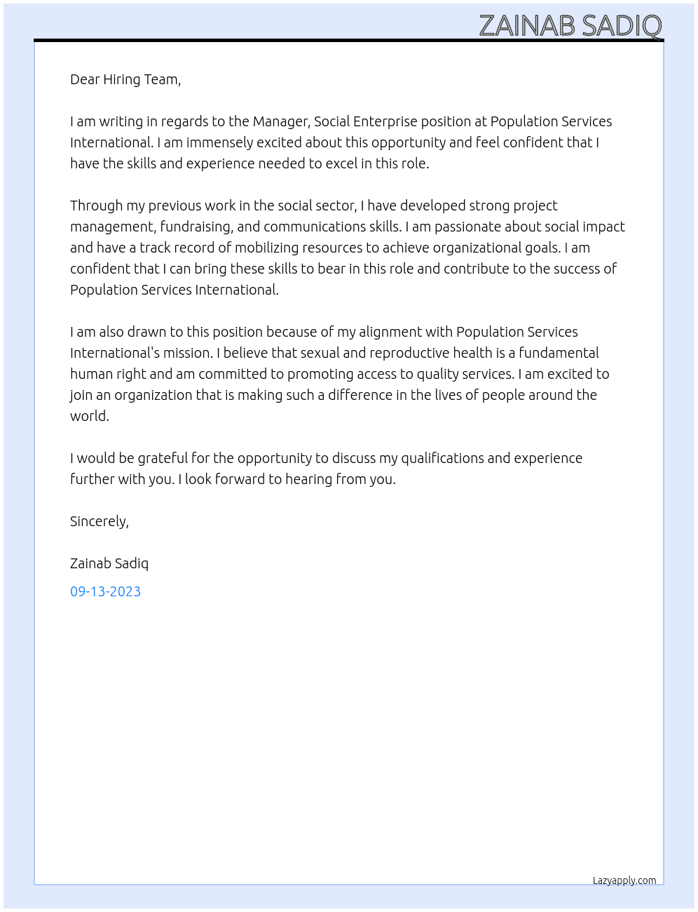 Manager, Social Enterprise At Population Services International Cover Letter