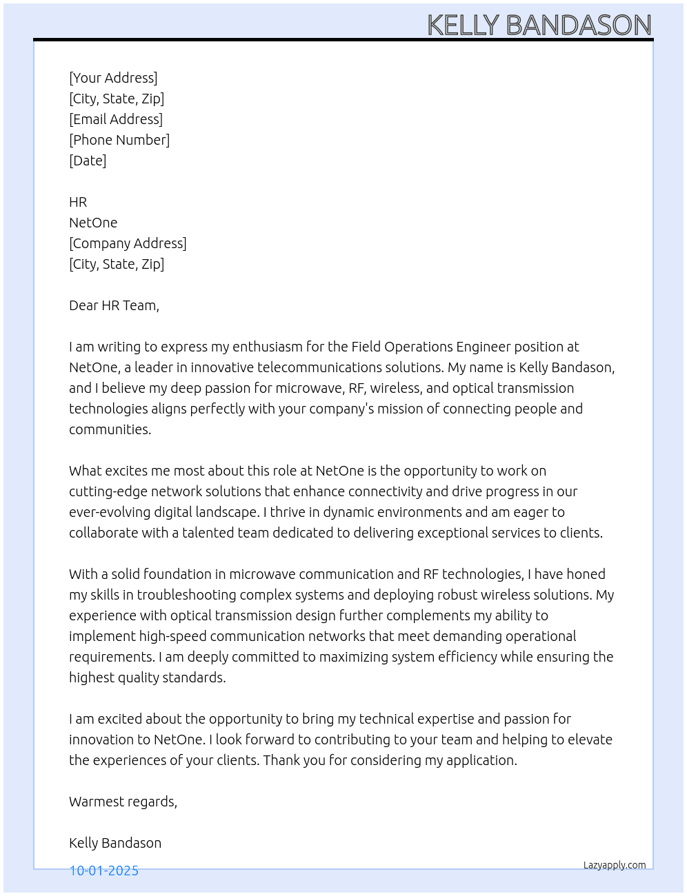 Field Operations Engineer At NetOne Cover Letter