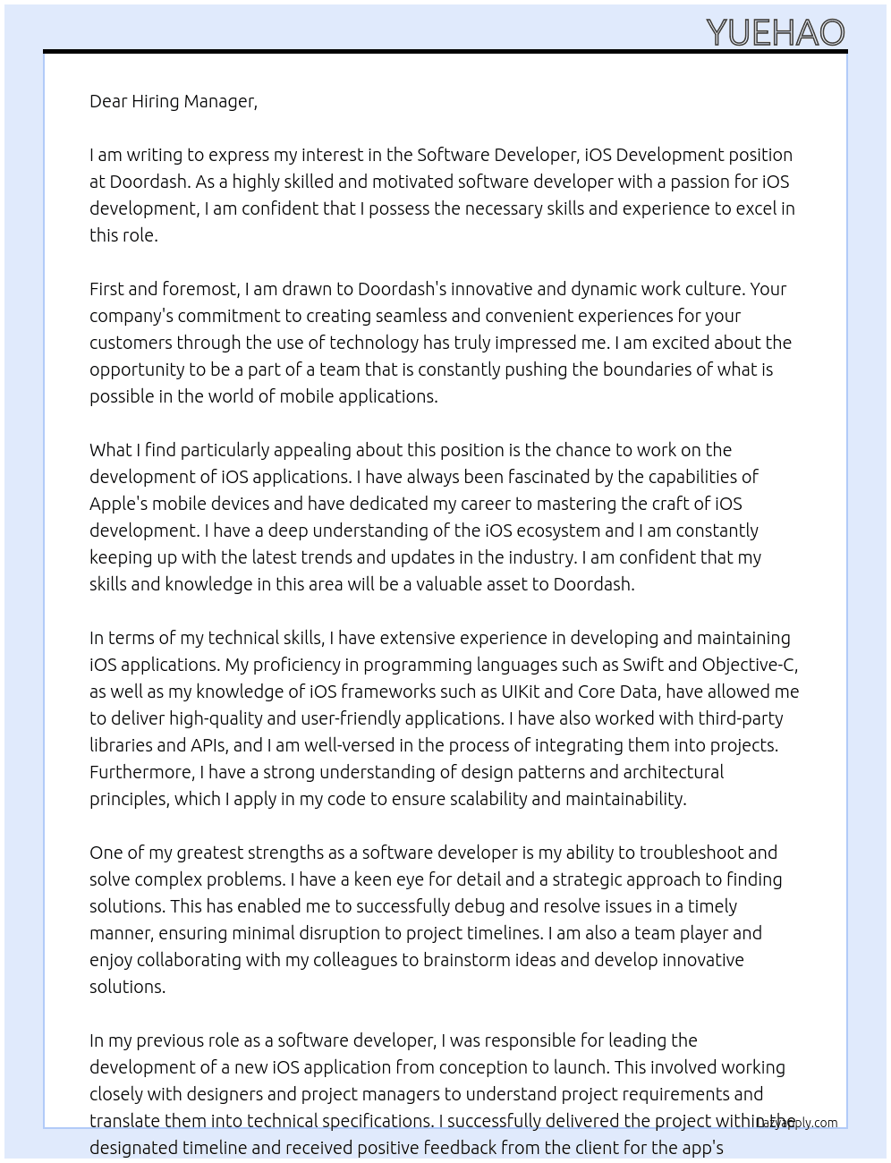 Software Developer, iOS Development At Doordash Cover Letter