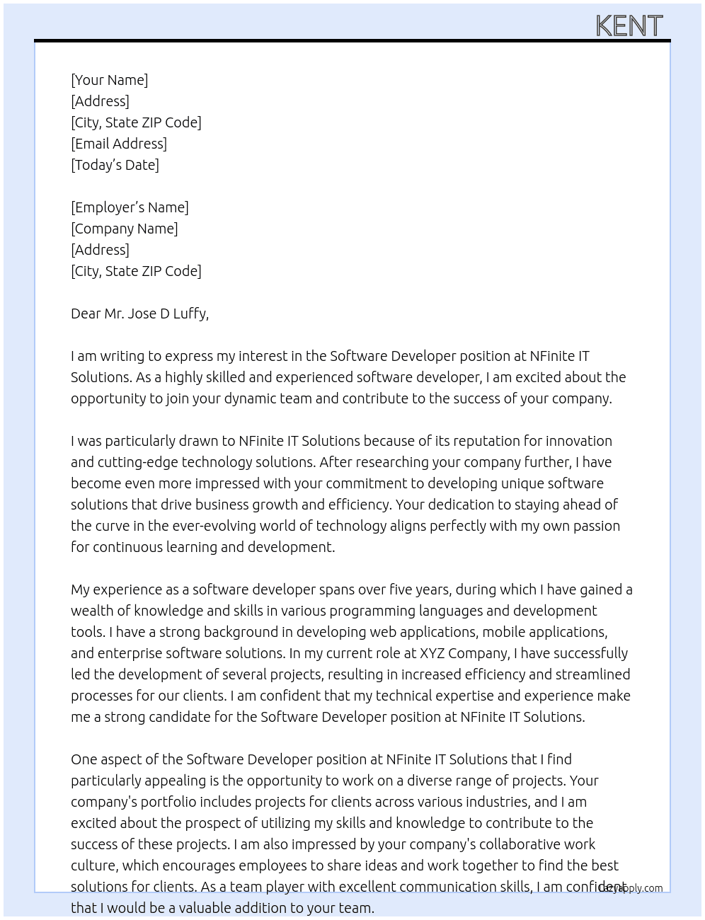 Software Developer  At NFinite IT Solutions Cover Letter