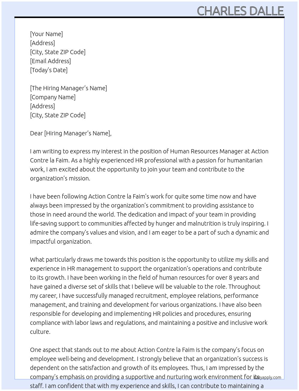 HUMAN RESOURCES MANAGER At Action Contre la Faim Cover Letter