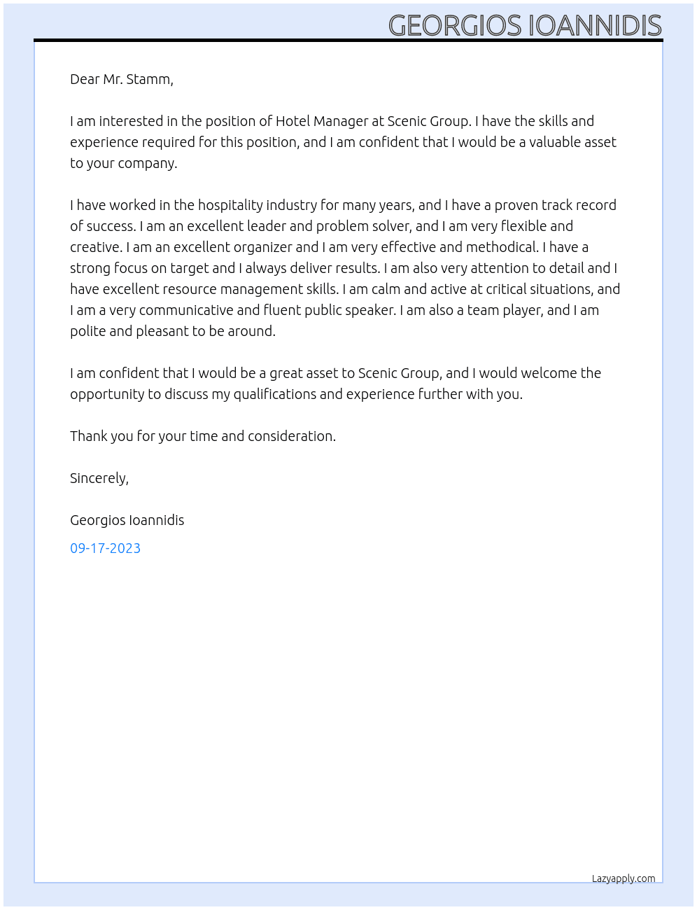 Hotel Manager At Scienc Groyp Cover Letter