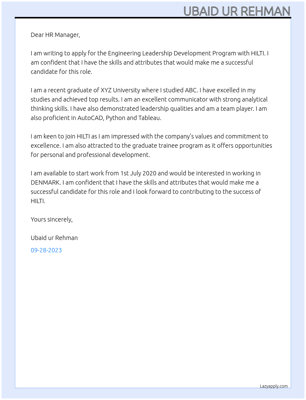 Engineering Leadership Development Program At HILTI Cover Letter