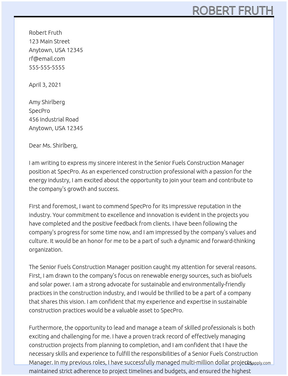 Senior Fuels Construction Manager At SpecPro Cover Letter