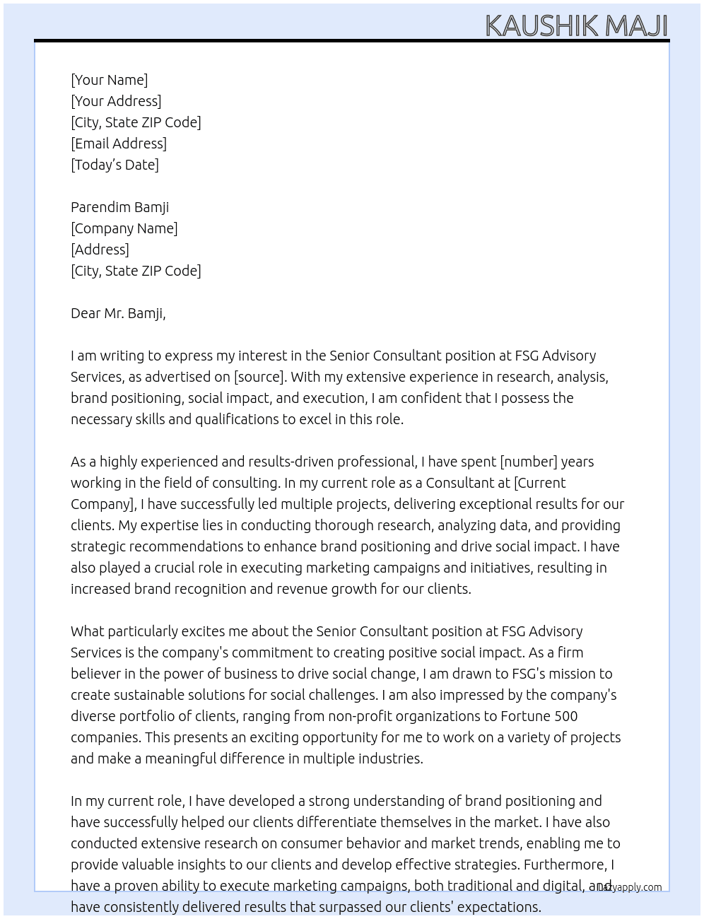 Senior Consultant At FSG Advisory Services Cover Letter